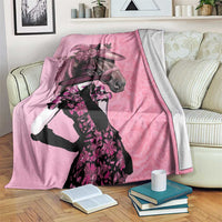 Pink ladies throw blanket with horse-and-rider illustration and rose details