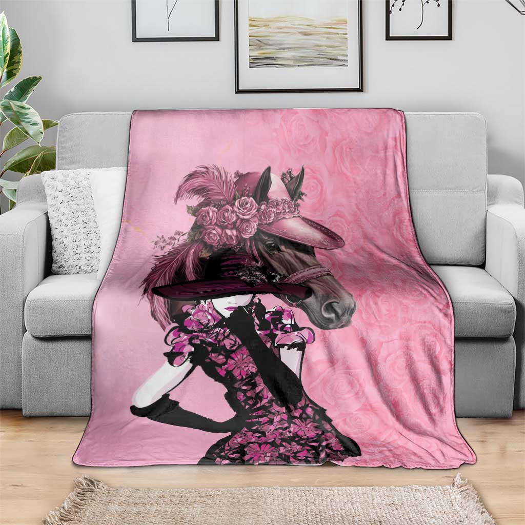 Pink ladies throw blanket with horse and rider graphic and rose bouquet print
