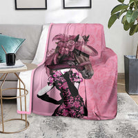 Pink derby blanket with horse head and rider silhouette, roses graphic