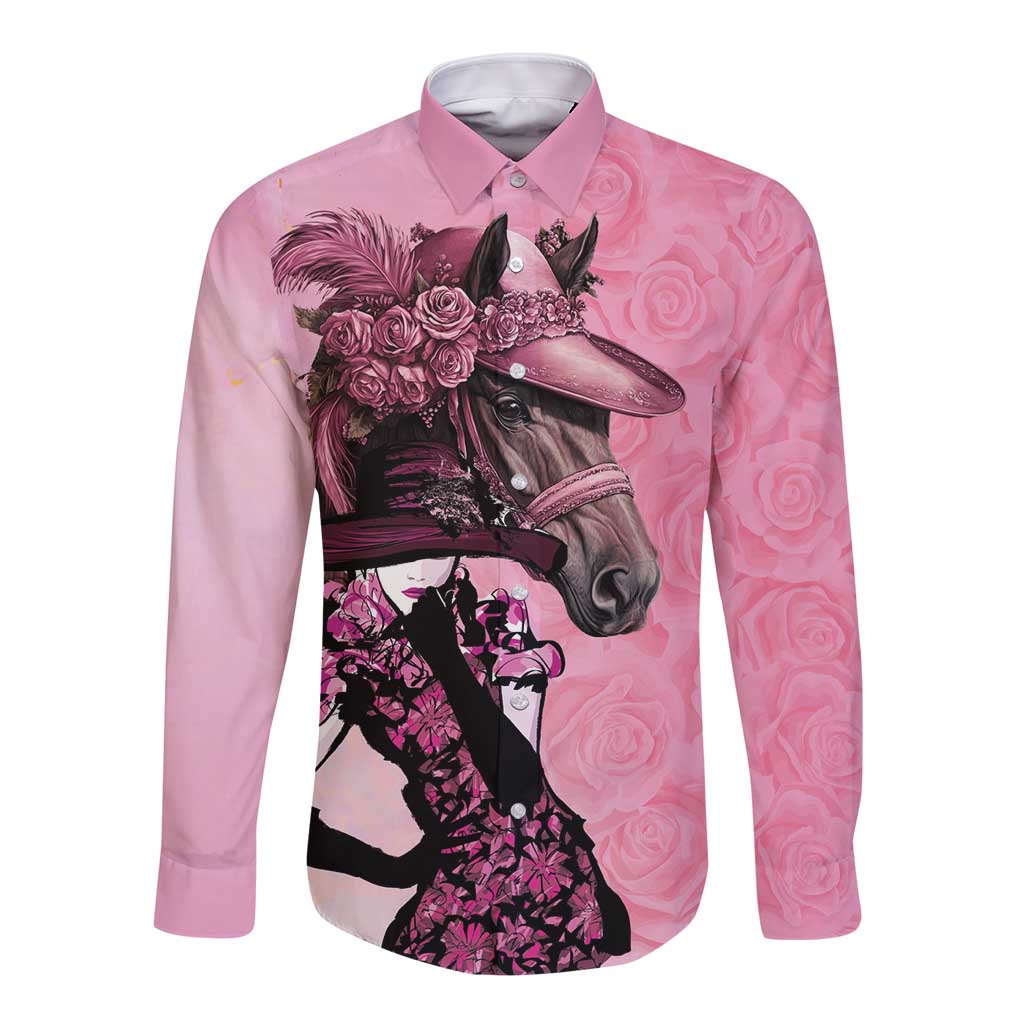 Pink long sleeve button shirt with front horse and rose graphic print