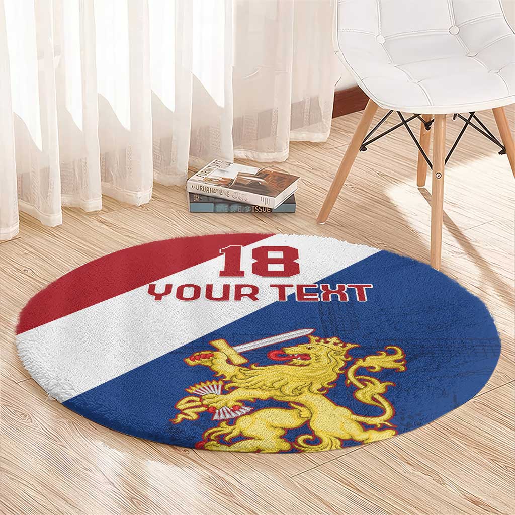 Round red, white, blue carpet with '18 YOUR TEXT' and gold lion crest