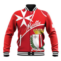 Red baseball varsity jacket with Malta cross and coat of arms crest on front