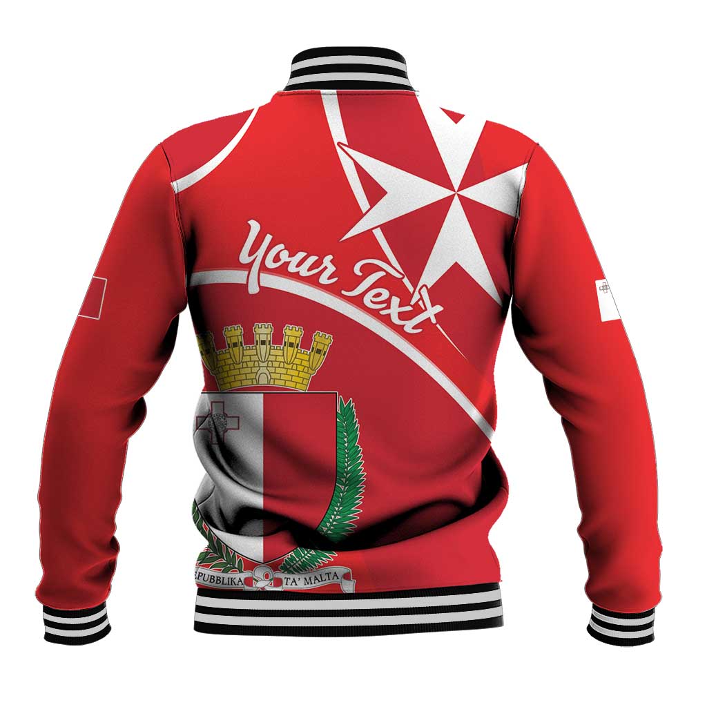 Red baseball varsity jacket with Malta cross and coat of arms on back, striped rib cuffs