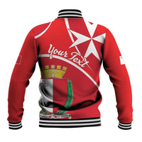 Red baseball varsity jacket with Malta cross and coat of arms on back, striped rib cuffs