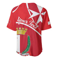 Red baseball jersey back with Maltese cross, crown crest, and 'Your Text' script