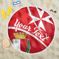Red round beach blanket with white star rays and Malta coat of arms, fringed edge
