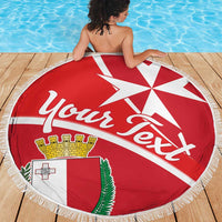 Red round beach blanket with 'You're next' text, white star design, fringed edge