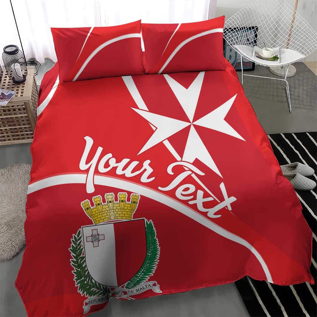 Red duvet and pillow set with Malta coat of arms, large white cross, and script text