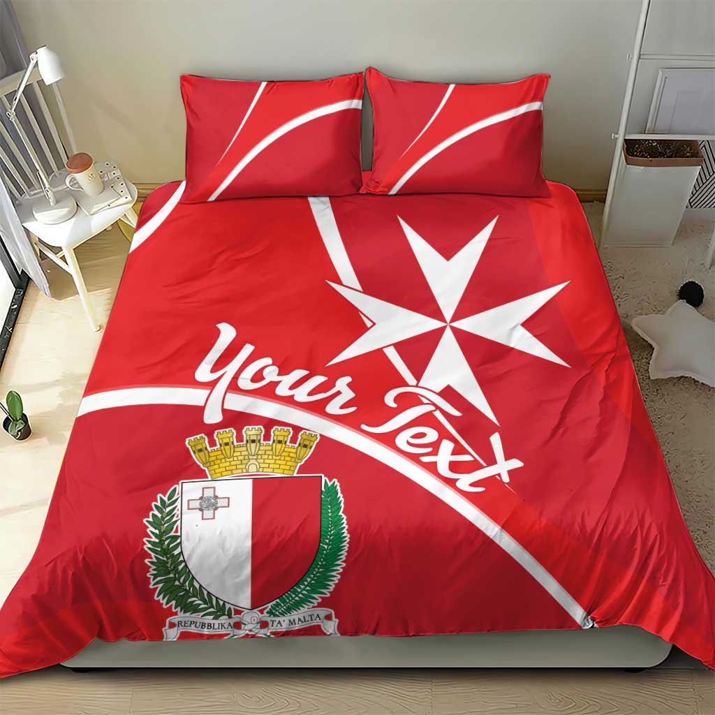 Red bedding set with Malta coat of arms, white Malta cross graphic, and two matching pillows