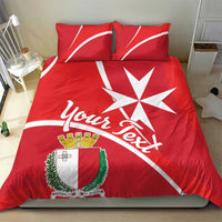 Red bedding set with Malta coat of arms, white Malta cross graphic, and two matching pillows