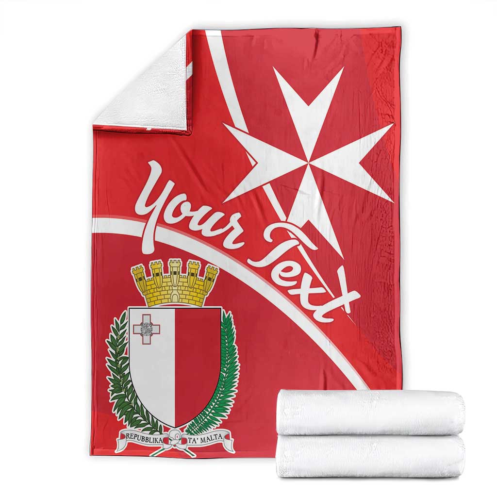 Red Malta personalized blanket with white Maltese cross and crest, with folded towels