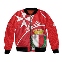 Red bomber jacket with front zipper, Malta cross crest patch, black ribbed trim