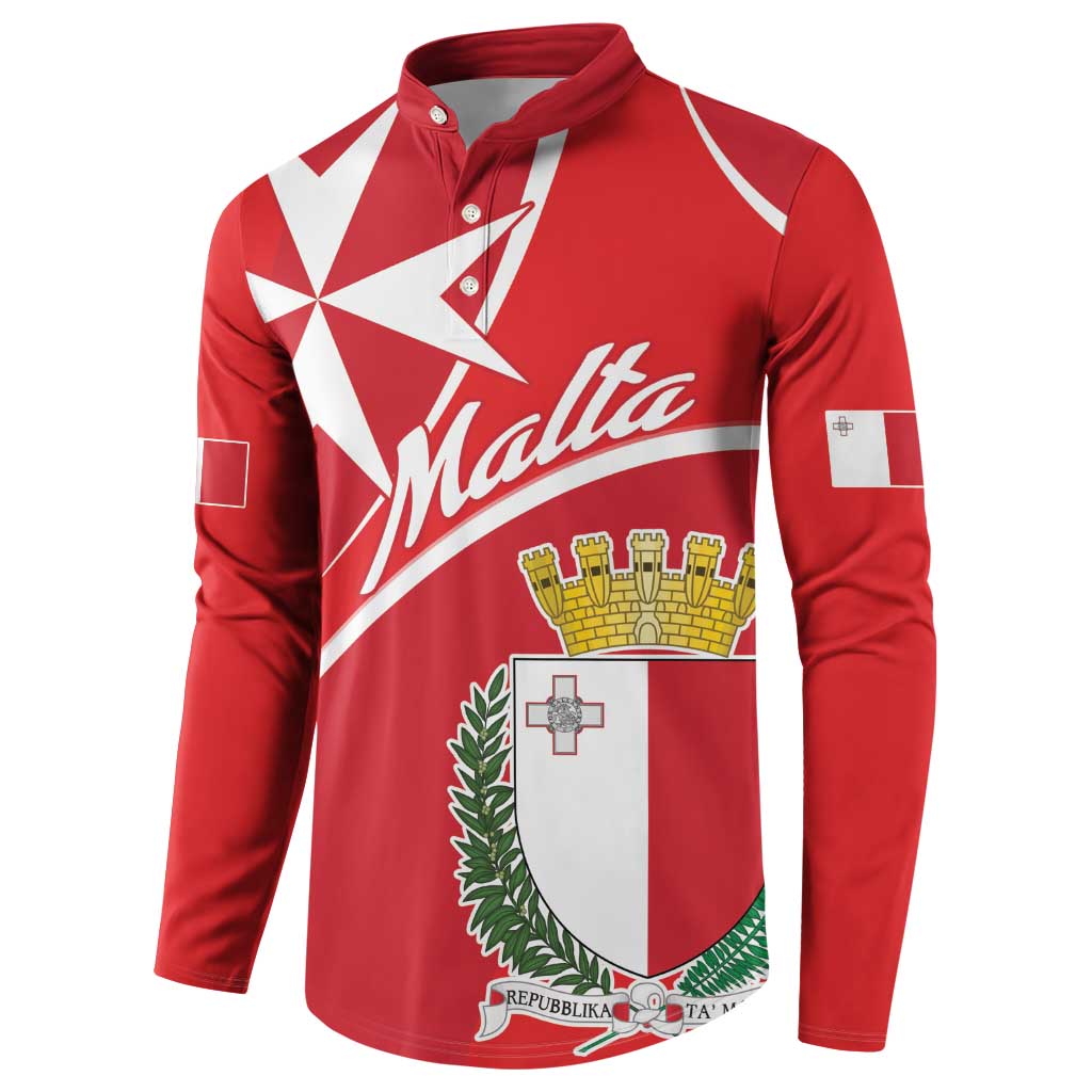Red polo-style sweatshirt with Malta crest, bold star design and long sleeves.