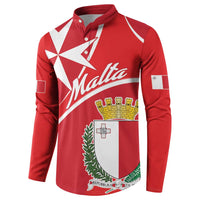 Red polo-style sweatshirt with Malta crest, bold star design and long sleeves.