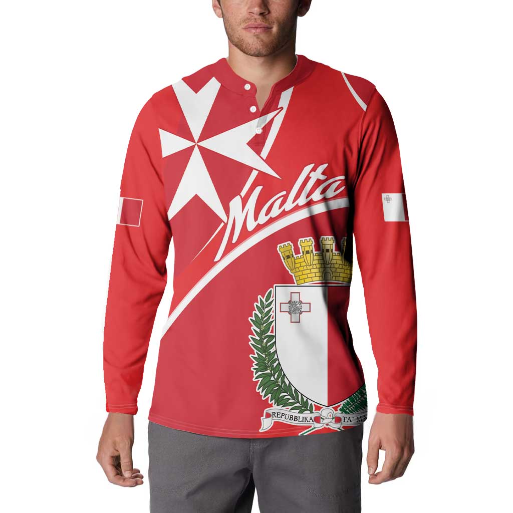 Red polo-style sweatshirt worn by model with Malta crest and star artwork.