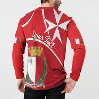 Red sweatshirt back with Your Text script and Maltese star over crest.