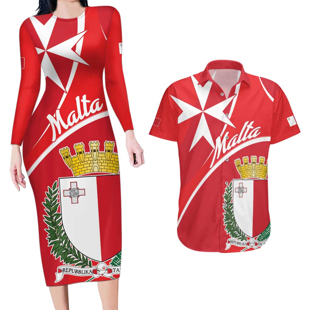 Personalized Malta Cross Coat Of Arms Couples Matching Long Sleeve Bodycon Dress and Hawaiian Shirt - Wonder Print Shop