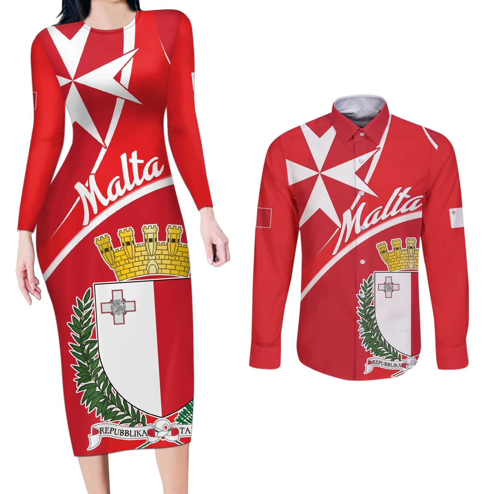 Personalized Malta Cross Coat Of Arms Couples Matching Long Sleeve Bodycon Dress and Long Sleeve Button Shirt - Wonder Print Shop