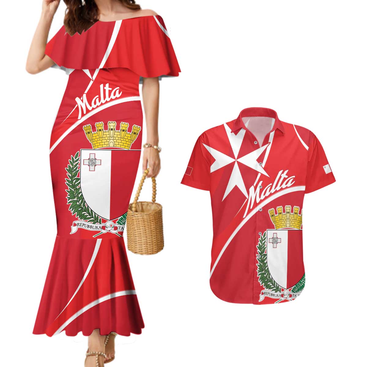 Personalized Malta Cross Coat Of Arms Couples Matching Mermaid Dress and Hawaiian Shirt - Wonder Print Shop