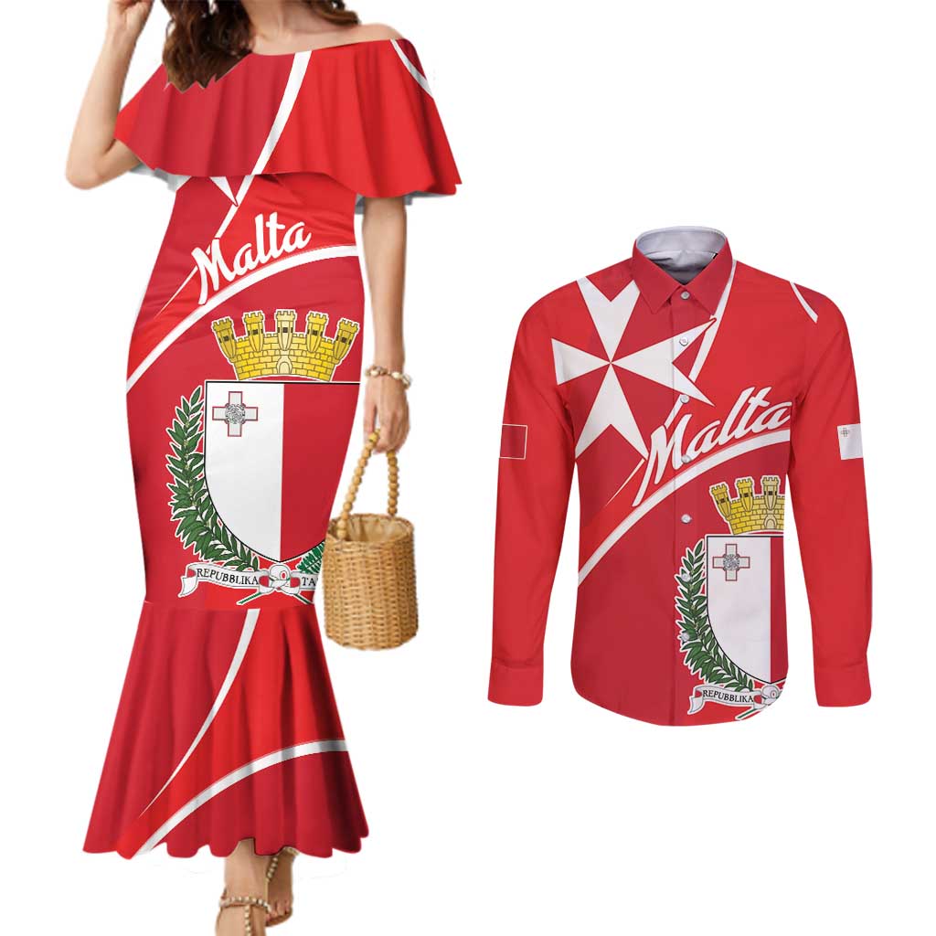 Personalized Malta Cross Coat Of Arms Couples Matching Mermaid Dress and Long Sleeve Button Shirt