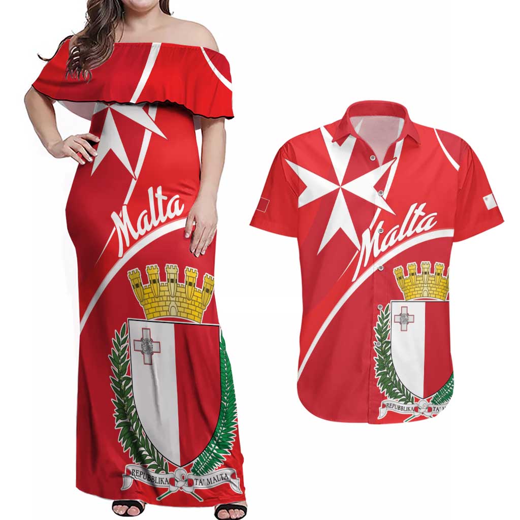 Personalized Malta Cross Coat Of Arms Couples Matching Off Shoulder Maxi Dress and Hawaiian Shirt - Wonder Print Shop