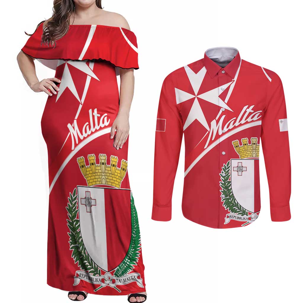 Personalized Malta Cross Coat Of Arms Couples Matching Off Shoulder Maxi Dress and Long Sleeve Button Shirt - Wonder Print Shop