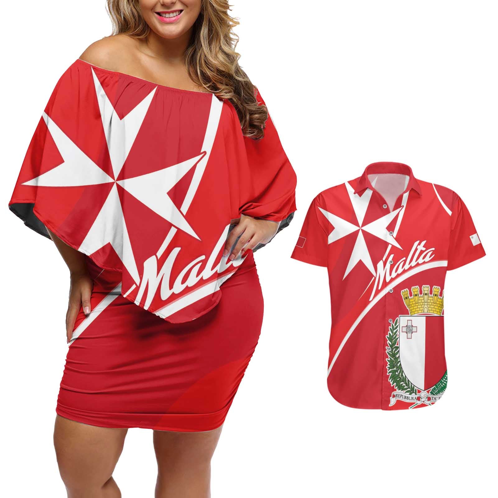 Personalized Malta Cross Coat Of Arms Couples Matching Off Shoulder Short Dress and Hawaiian Shirt - Wonder Print Shop