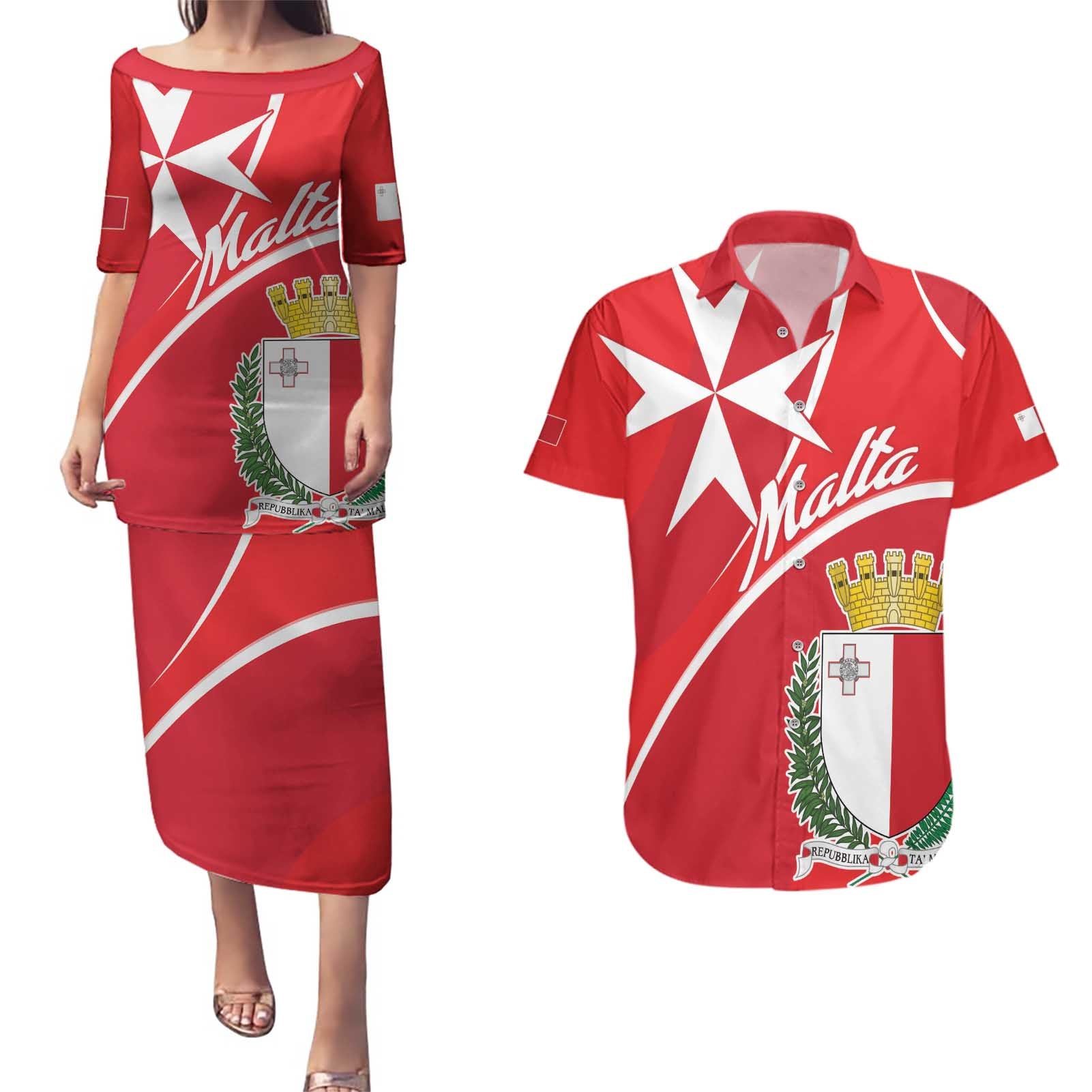 Personalized Malta Cross Coat Of Arms Couples Matching Puletasi and Hawaiian Shirt - Wonder Print Shop