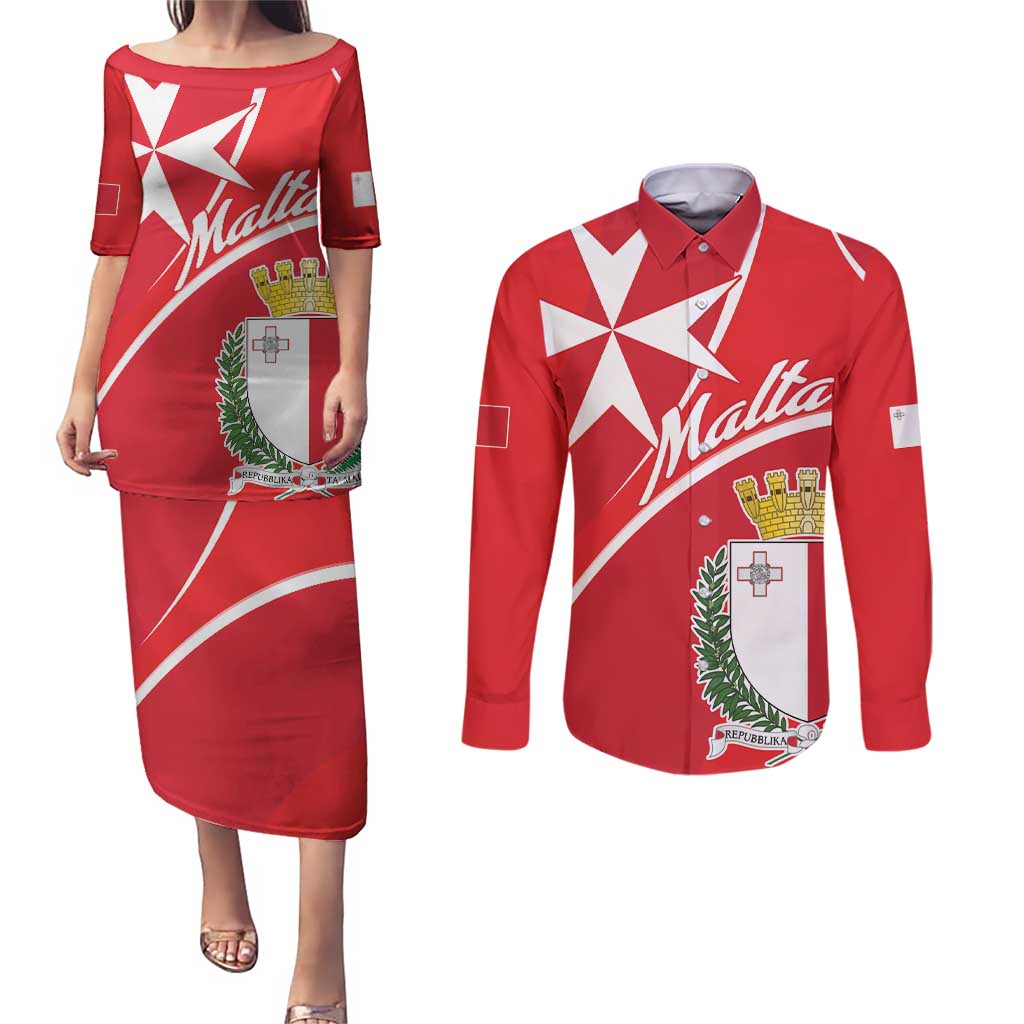 Personalized Malta Cross Coat Of Arms Couples Matching Puletasi and Long Sleeve Button Shirt - Wonder Print Shop