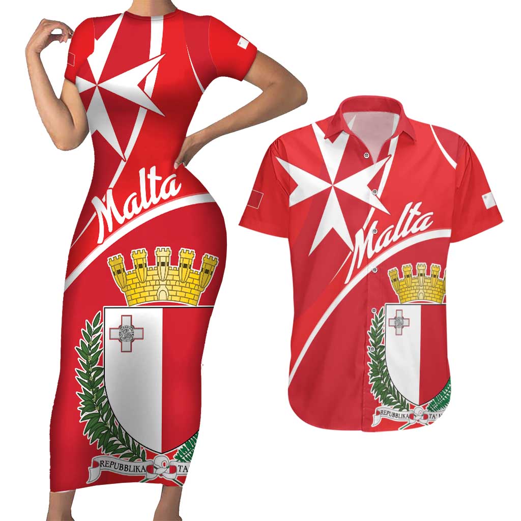 Personalized Malta Cross Coat Of Arms Couples Matching Short Sleeve Bodycon Dress and Hawaiian Shirt - Wonder Print Shop