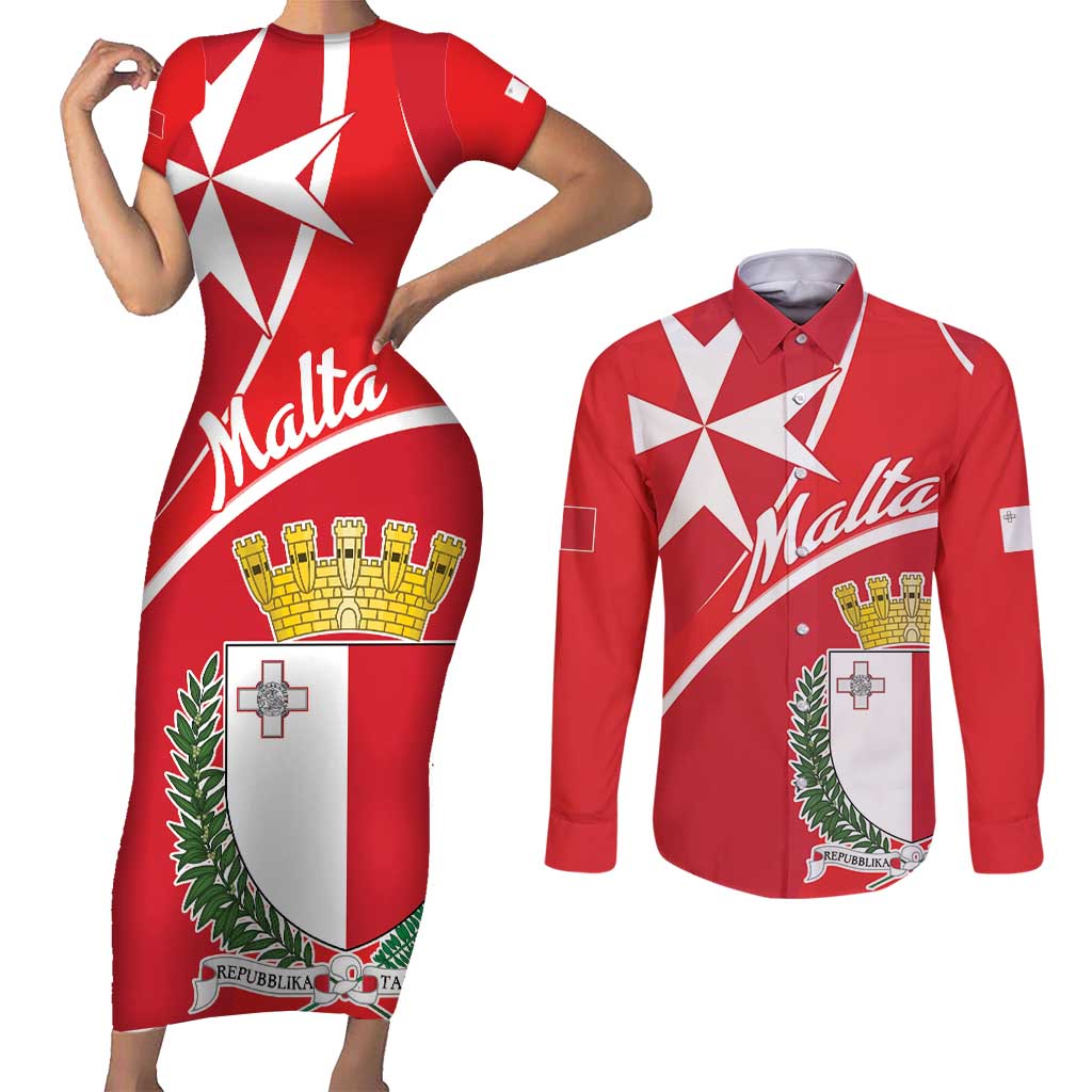 Personalized Malta Cross Coat Of Arms Couples Matching Short Sleeve Bodycon Dress and Long Sleeve Button Shirt - Wonder Print Shop