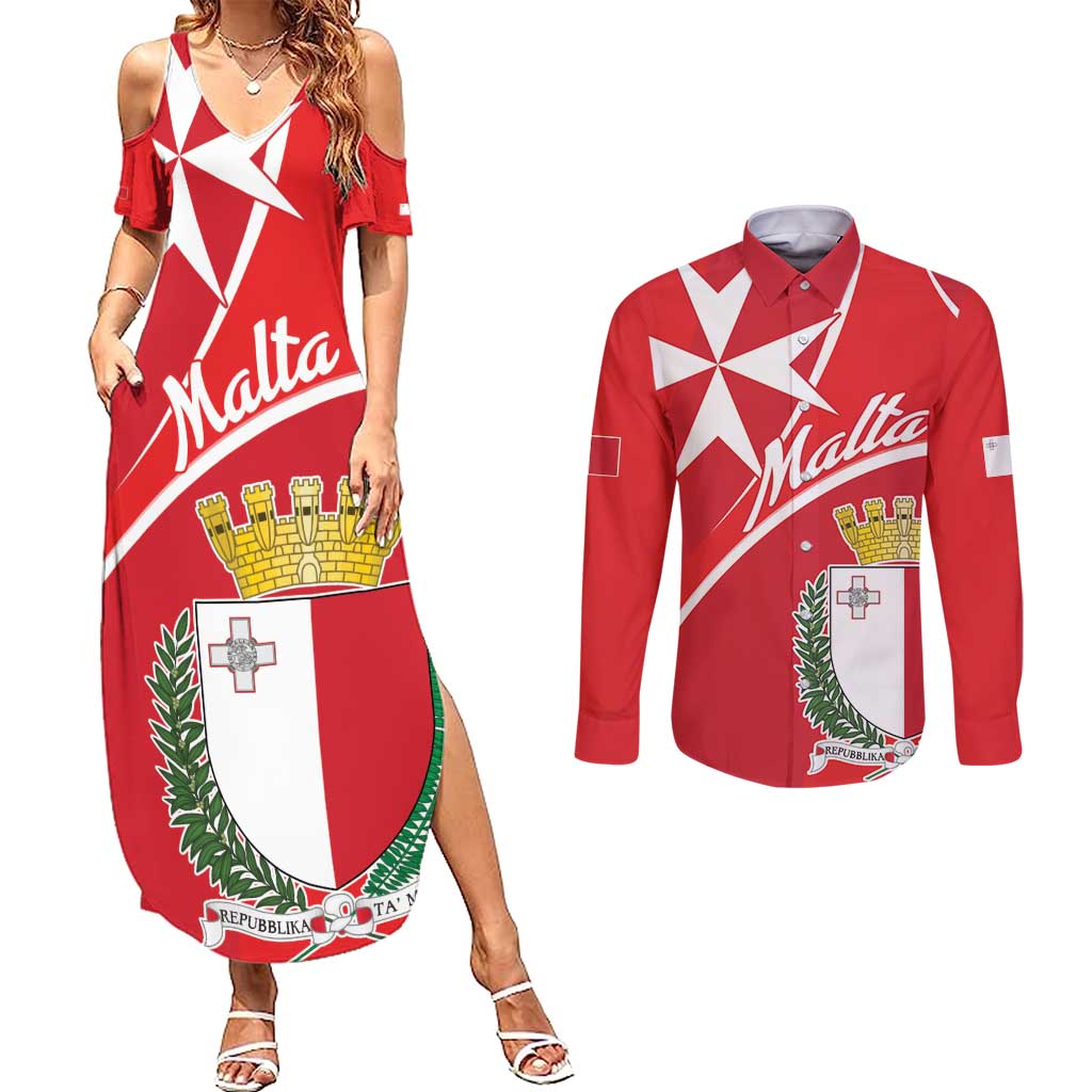 Personalized Malta Cross Coat Of Arms Couples Matching Summer Maxi Dress and Long Sleeve Button Shirt - Wonder Print Shop