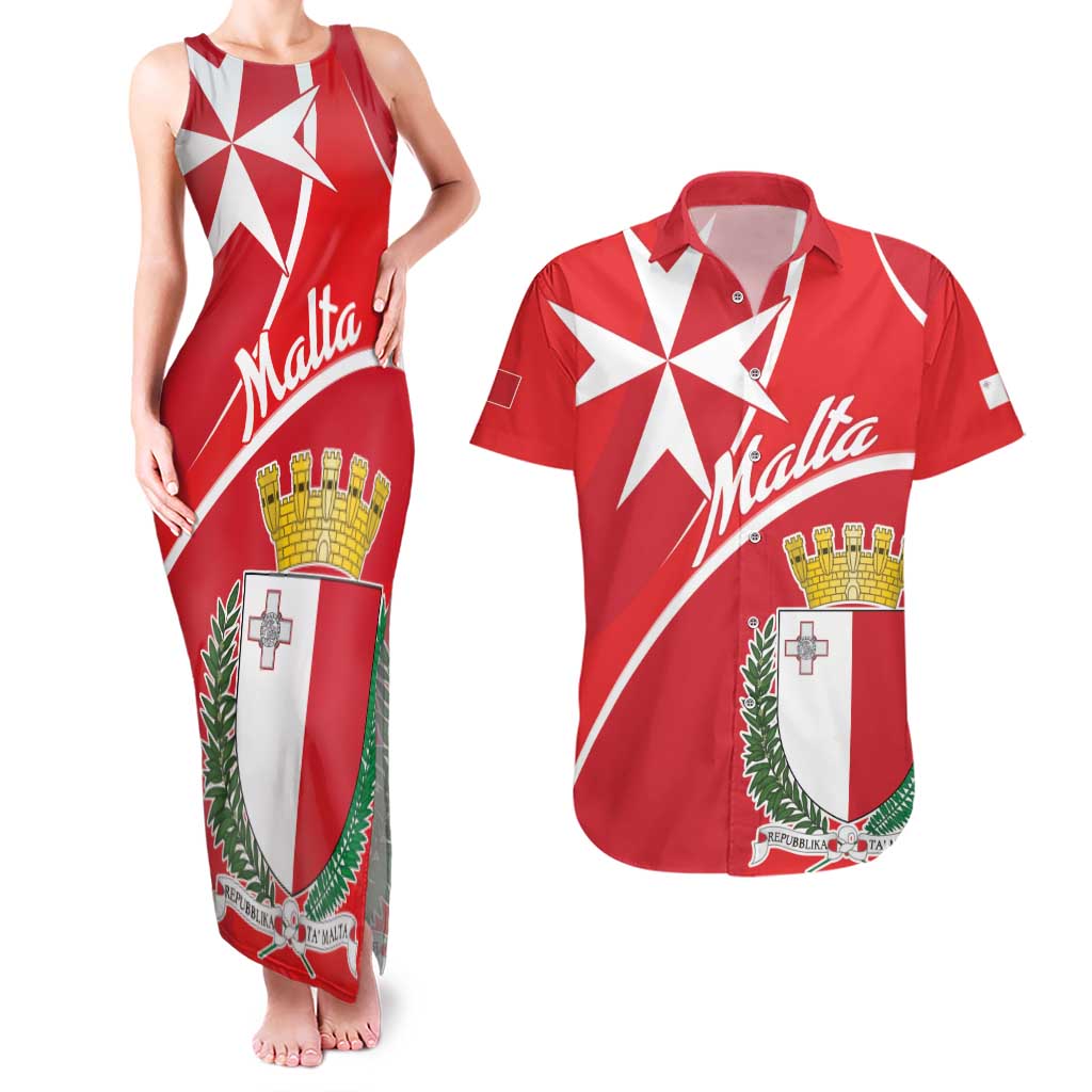 Personalized Malta Cross Coat Of Arms Couples Matching Tank Maxi Dress and Hawaiian Shirt - Wonder Print Shop