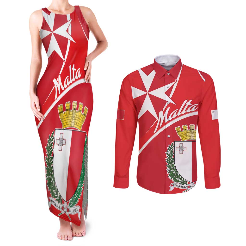 Personalized Malta Cross Coat Of Arms Couples Matching Tank Maxi Dress and Long Sleeve Button Shirt - Wonder Print Shop