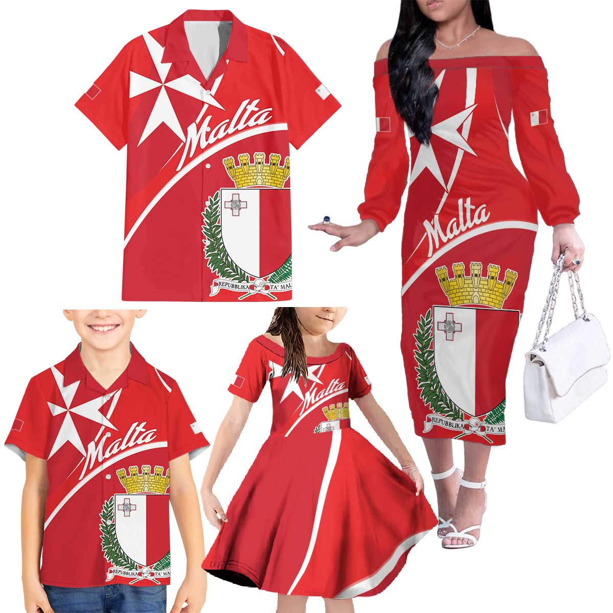 Personalized Malta Cross Coat Of Arms Family Matching Off The Shoulder Long Sleeve Dress and Hawaiian Shirt - Wonder Print Shop