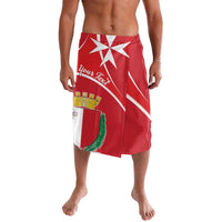 Red custom text board shorts with white diagonal stripe and Malta cross coat of arms