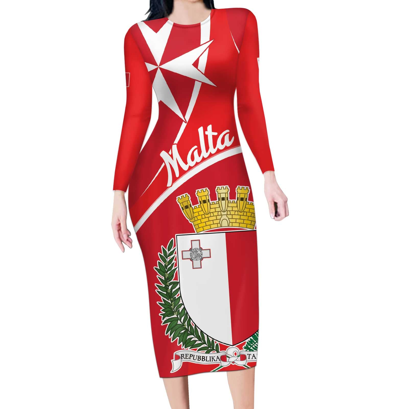 Personalized Malta Cross Coat Of Arms Long Sleeve Bodycon Dress - Wonder Print Shop