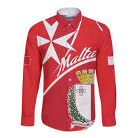 Red long-sleeve button shirt with white star, Malta crest, and cross graphic
