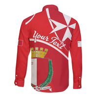 Red long-sleeve button shirt with large Malta shield crest and white star on back