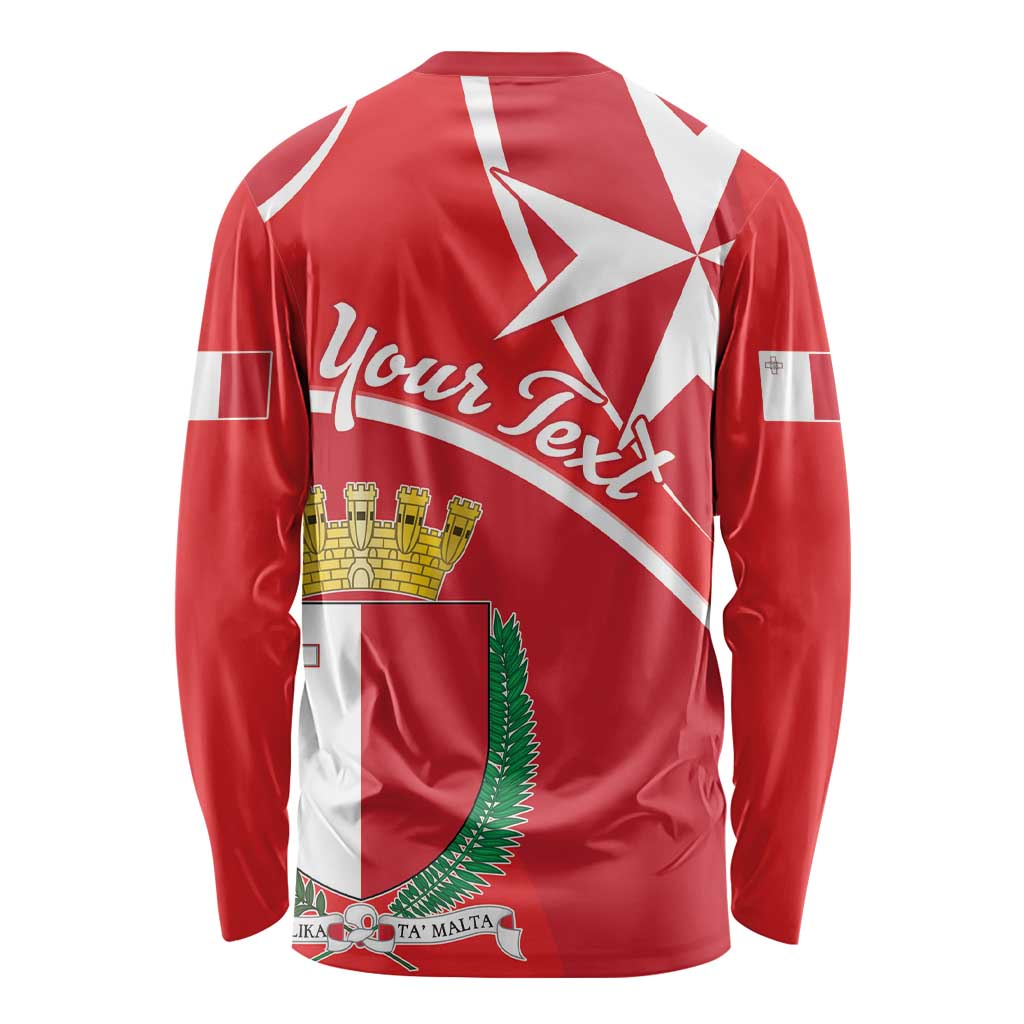 Red long-sleeve shirt back with 'Your Text' and Malta crest graphic