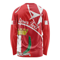 Red long-sleeve shirt back with 'Your Text' and Malta crest graphic