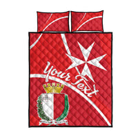 Red quilt bed set product view with white cross stripe, Malta crest, and 'Your Text'