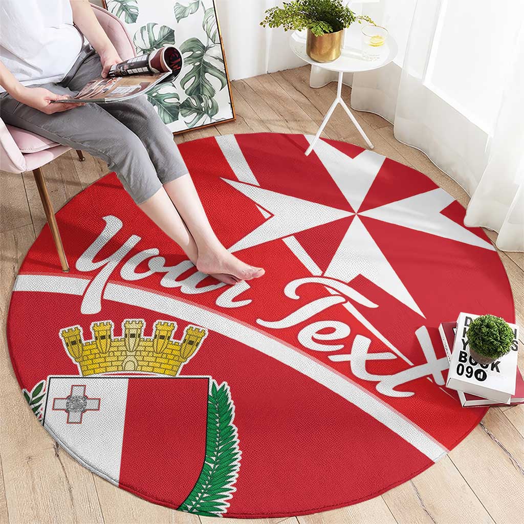 Red round carpet with “Malta” script, white cross-star motif and shield crest