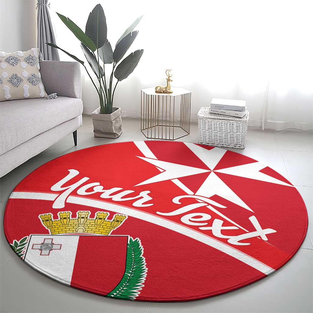 Red round carpet with white cross-star design, Maltese shield crest and “Malta”