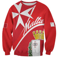 Red crewneck sweatshirt with Maltese cross, Malta text, and coat-of-arms shield graphic