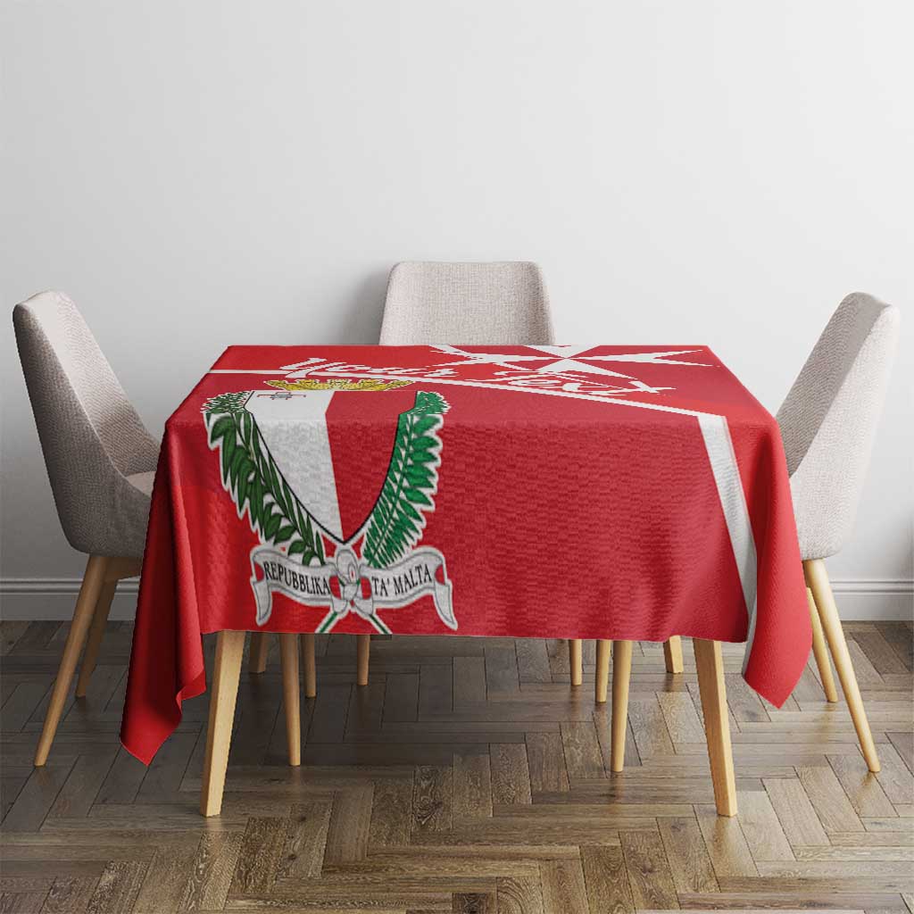 Red tablecloth featuring white Malta cross and green-and-red coat of arms shield center.