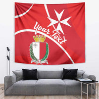 Red Malta coat of arms tapestry with white star cross and script 'Your Text'.