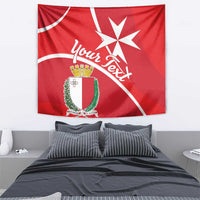 Red Malta cross tapestry with white star, 'Your Text' script, and shield crest.