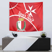Red Malta coat of arms tapestry featuring white star cross, 'Your Text', and shield.
