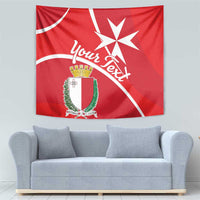 Red Malta cross tapestry with white star cross, 'Your Text' script, and shield crest.